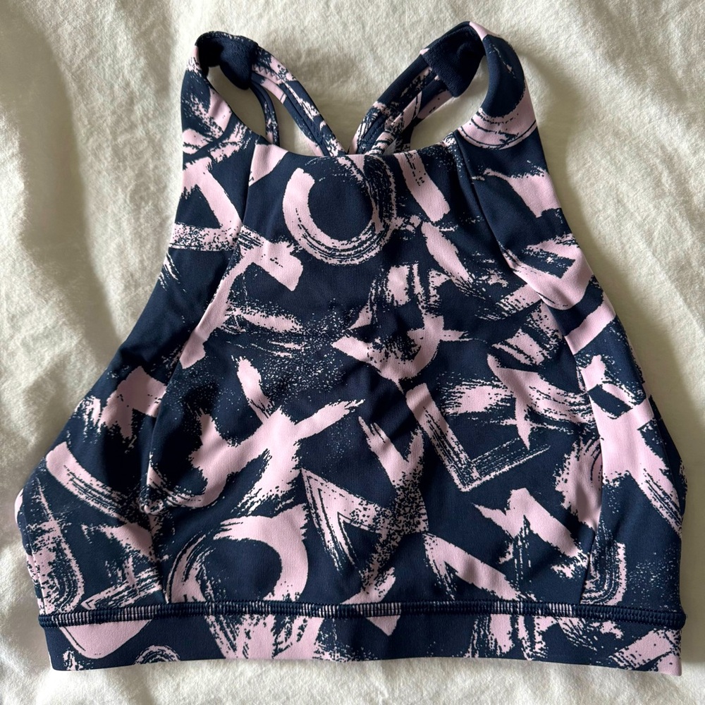 Lululemon Women’s High Neck Sports Bra in Navy and Pink Printed Pattern, size 2